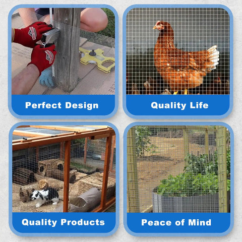 Heavy Duty Black Hardware Cloth Chicken Wire Roll 1/2 Inch Mesh 48 X 100 Feet Long 19 Gauge Coated Steel fencing securing chicken and rabbits.