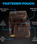Go-To Heavy Duty Drywall Carpenter Tool Belt With 22 Pockets, featuring oil-tanned leather fastener pouch, labeled pockets.