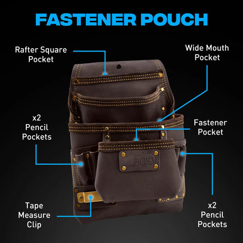 Go-To Heavy Duty Drywall Carpenter Tool Belt With 22 Pockets, featuring oil-tanned leather fastener pouch, labeled pockets.