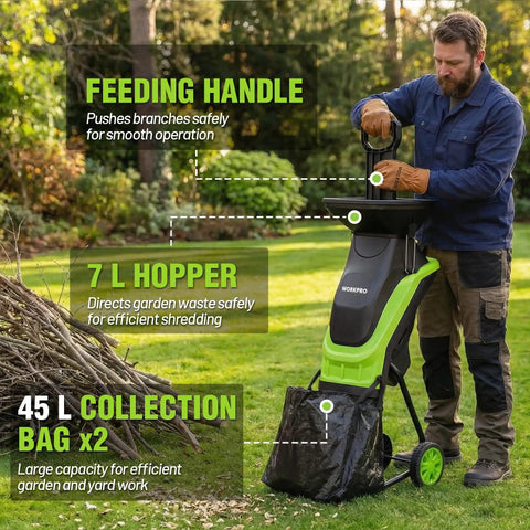 Man using Electric Wood Chipper For Yard Cleanup With 15 Amp Motor, 4300 RPM, 1.73 Inch Cutting Capacity, feeding garden debris.