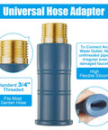 Front view of universal hose adapter in blue plastic with brass 3/4-inch threads for garden hoses.