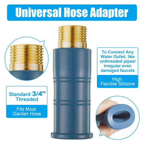 Front view of universal hose adapter in blue plastic with brass 3/4-inch threads for garden hoses.