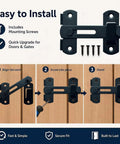 Hella Durable 180 Degree Flip Barn Door Latch Pack Matte Black Stainless Steel Gate Lock with mounting screws installation guide.