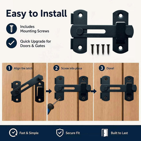 Hella Durable 180 Degree Flip Barn Door Latch Pack Matte Black Stainless Steel Gate Lock with mounting screws installation guide.