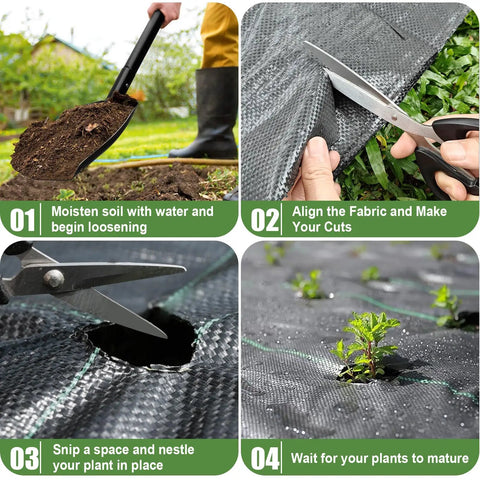 Steps to install Heavy Duty Weed Barrier Fabric 3x50 ft, breathable 3.2 oz woven polypropylene for garden beds and landscaping.