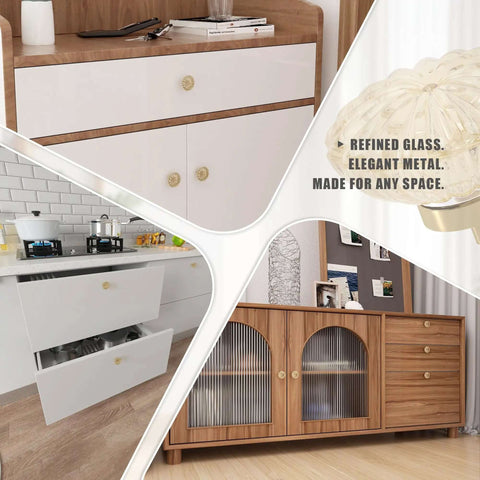 8 Pack 1-3/8 Inch Champagne Gold Crystal Cabinet Knobs With Vintage Floral Design installed on white kitchen drawers and wood cabinets