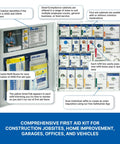 Front view of an open large white metal first aid cabinet filled with 241-piece ANSI/OSHA compliant kit contents.