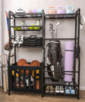 Garage Sports Equipment Organizer With Beefy Heavy Duty Ball Holder, Golf Bag Storage Rack, Basket And Removable Bat Hooks filled with sports gear