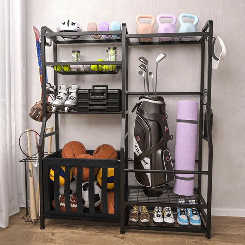 Garage Sports Equipment Organizer With Beefy Heavy Duty Ball Holder, Golf Bag Storage Rack, Basket And Removable Bat Hooks filled with sports gear