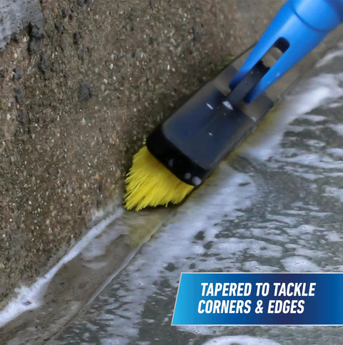 Swivel Grout Brush With Durable Plastic Handle And Long Reach Five Point Five Inch Bristles scrubbing grout in corner