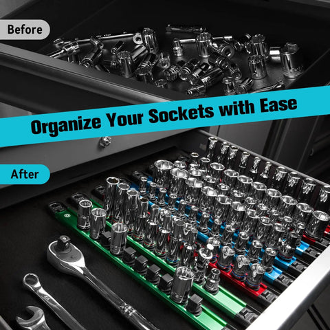 Magnetic Socket Organizer Set For 1/4 3/8 And 1/2 Inch Sockets Aluminum Alloy Socket Rail With 96 Clips in tool drawer