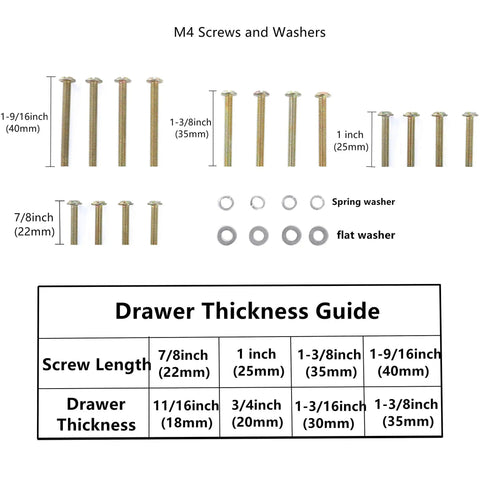 M4 Screws and Washers for heavy duty cabinet pulls, including different lengths and washers, suitable for various drawer thicknesses.