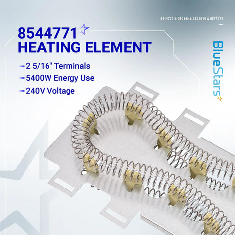Dryer Repair Kit With 8544771 280148 3392519 8577274 heating element on white background with specs displayed