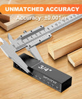 Close-up of aluminum gauge block with caliper, part of 15 Piece Pro Grade Aluminum Setup Block Kit For Woodworking with ±0.001 inch tolerance