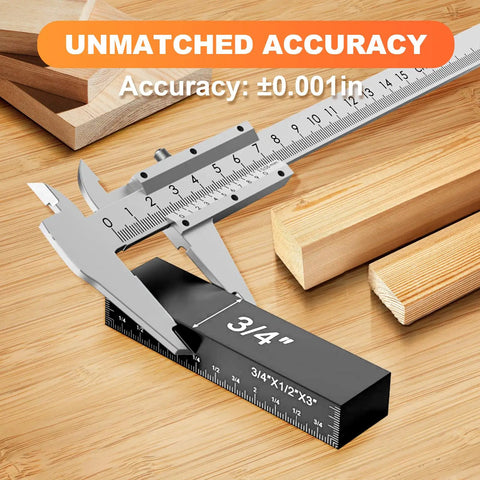 Close-up of aluminum gauge block with caliper, part of 15 Piece Pro Grade Aluminum Setup Block Kit For Woodworking with ±0.001 inch tolerance