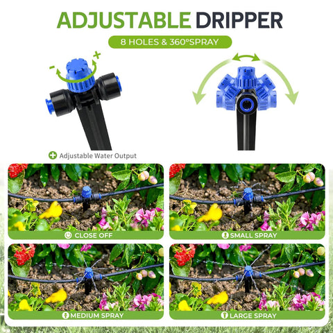 Adjustable dripper spray settings for 40ft Push To Connect Drip Irrigation Kit with Adjustable Emitters for Garden Raised Beds