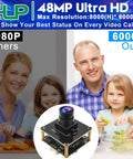 Dope 48MP USB Camera Module With Wide Angle Lens for video calls, showing a family in comparison between 1080P and 6000P quality.