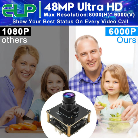 Dope 48MP USB Camera Module With Wide Angle Lens for video calls, showing a family in comparison between 1080P and 6000P quality.