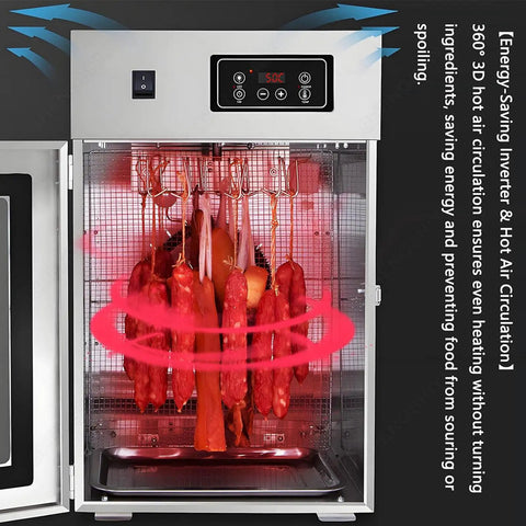 Top Shelf Digital Food Dehydrator Machine With No Sweat 24 Hour Timer And Adjustable Heat Settings showing meats drying in cabinet.