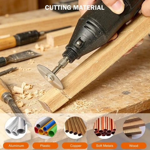 1/8 And 1/4 Inch Hex Round Shank Rotary Drill Saw Set With 6 HSS Cutting Blades For Wood Plastic Aluminum Brass Copper, Perfect For DIY Projects And Home Tool Kit, Fits Most Rotary Tools. Cutting wood with rotary drill saw blade