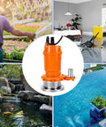 1 2HP Submersible Sump Pump 6000GPH Portable Utility Water Pump With 32 Ft High Head in an image showcasing various water drainage applications.