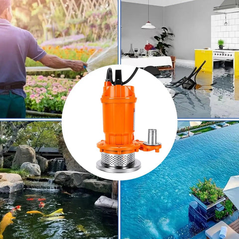 1 2HP Submersible Sump Pump 6000GPH Portable Utility Water Pump With 32 Ft High Head in an image showcasing various water drainage applications.