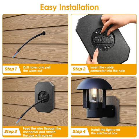 Outdoor Light Mounting Block For One Half Inch Lap Siding, Fits Double Vinyl Siding, T111, HardiePlank Lap Siding, And Flat Surfaces, Easy DIY Exterior Light Install, Sturdy Weatherproof Mount. Installation steps on black mounting block with light fixture on siding