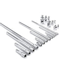 20 Piece Drive Extension Set With 1/4, 3/8, And 1/2 Inch Drives, Universal Joint And Adapters, Pro Grade Chrome Finish, displayed