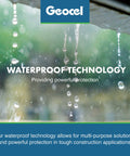 Geocel waterproof technology showcasing rainproof surface with water droplets, emphasizing protective sealant capabilities.
