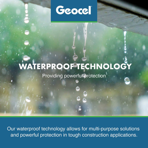 Geocel waterproof technology showcasing rainproof surface with water droplets, emphasizing protective sealant capabilities.