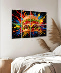 Eight Piece Peel And Stick Sound Absorbing Acoustic Panels Featuring Kitschy Burger Artwork on wall, vibrant colors, decorative for gaming room