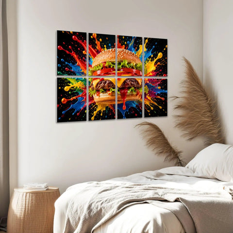 Eight Piece Peel And Stick Sound Absorbing Acoustic Panels Featuring Kitschy Burger Artwork on wall, vibrant colors, decorative for gaming room