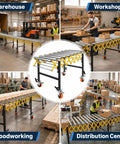 Rock Solid Heavy Duty Adjustable Roller Conveyor 1000 Lb Capacity 25 Inch Wide Stainless Steel Rollers in warehouse and workshop settings.