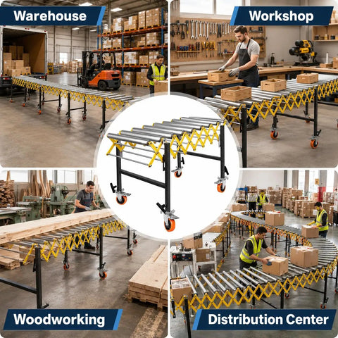 Rock Solid Heavy Duty Adjustable Roller Conveyor 1000 Lb Capacity 25 Inch Wide Stainless Steel Rollers in warehouse and workshop settings.