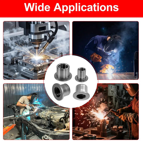 Top Shelf Heavy Duty T Shaped Weld Nuts Kit 40 Pieces Carbon Steel Weld On Fasteners shown in various welding applications.