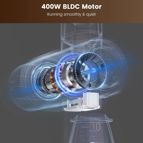 400W BLDC motor with visible components for Slick Single Dose Espresso Grinder Featuring Variable Speed Stepless Control And A 64 Mm Titanium Flat Burr.