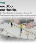 User demonstrating Zeroplay Miter Bar For Table Saw Sleds, Precision One Touch Calibration And No Play Fit tool setup on workshop table.