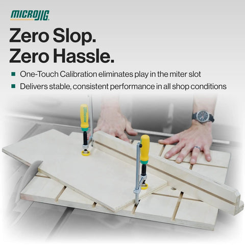 User demonstrating Zeroplay Miter Bar For Table Saw Sleds, Precision One Touch Calibration And No Play Fit tool setup on workshop table.