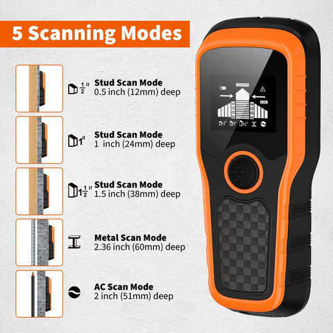 Advanced 5-In-1 Wall Scanner Stud Finder For Quick Dead-On Detection Of Wood Studs Metal Joists Pipes And Live Wires In Walls And Ceilings For DIYers And Pros Orange, 5 scan modes