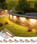Eight Pack 4 Inch Retaining Wall Lights Waterproof LED Hardscape Lighting Cuttable Low Voltage Landscape Lighting 12V Paver Lights 1.5W Outdoor Step Lights 2700K Soft White ETL Listed on stone wall at night