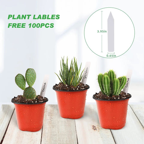 4 Inch Seed Starter Pots Pack Of 100 With Labels For Seedlings And Small Plants Durable Plastic Nursery Pots Perfect For Succulents Flowers Herbs And Urban Garden Projects, with labels in use and dimensions displayed.