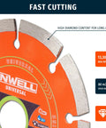Close-up of a Four And One-Half Inch Segmented Diamond Saw Blade with high diamond content, 7/8 inch arbor, fast cutting details.