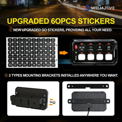 Upgraded stickers and mounting brackets for 8 Gang Switch Panel With Auto Dimmable LED Touch Control And Memory Function 12V DC 720W Max 60A.