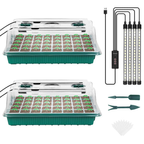 Seed Starter Tray With Grow Light Kit 80 Cells Humidity Dome 2 Pack Indoor Germination System With Adjustable Brightness