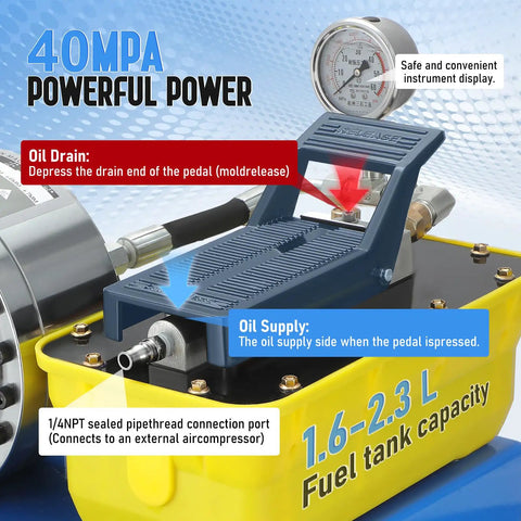 Industrial Grade Pneumatic Hydraulic Hose Crimping Machine With Air Over Oil Technology showing oil drain and supply details.