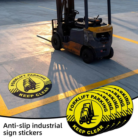 5 Pack Forklift Parking Keep Clear Floor Signs, 17 Inch Adhesive Safety Stickers For Warehouse Shop Office, Heavy Duty Traffic Warning Decals, Clear Aisle Markers For Loading Zones And Safety Management. Yellow forklift keep clear floor decal on warehouse concrete floor