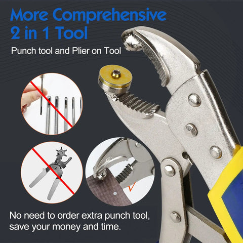 Close-up of the Upgraded Snap Button Kit Tool with plier and dies for repairing snaps on canvas and leather
