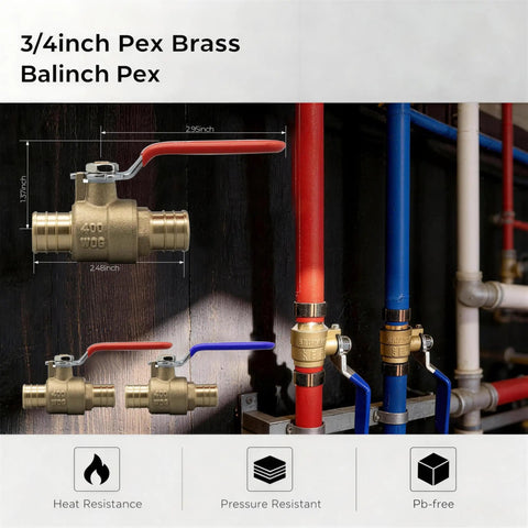 Three Quarter Inch PEX Ball Valve Set Lead Free Brass Shut Off Valves 2 Pack Red And Blue For Hot And Cold Water 400 PSI installed