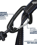 Close-up of carabiner and strap from Lightweight One Person Portable Hammock For Camping Hiking Backpacking Travel Festivals And The Beach Seafoam Navy Color With Easy Setup So You Can Kick Back In 9.5 Foot Length Supports Up To 400 Pounds.
