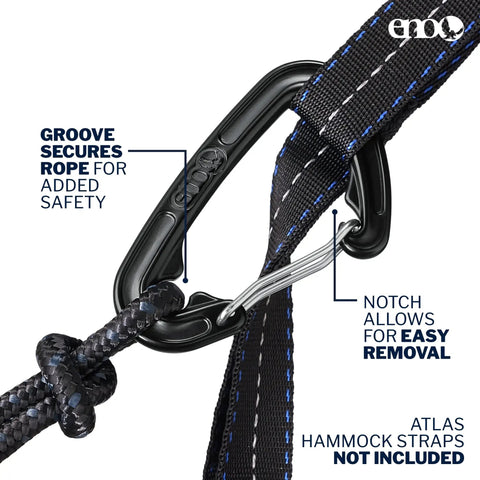 Close-up of carabiner and strap from Lightweight One Person Portable Hammock For Camping Hiking Backpacking Travel Festivals And The Beach Seafoam Navy Color With Easy Setup So You Can Kick Back In 9.5 Foot Length Supports Up To 400 Pounds.